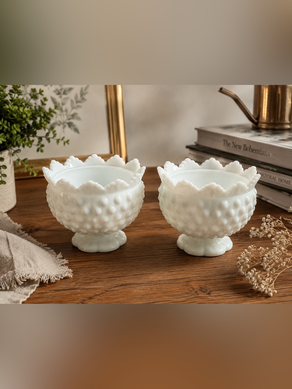 FENTON- Vintage Milk Glass Hobnail Pedestal Candle Holders - Set of 2